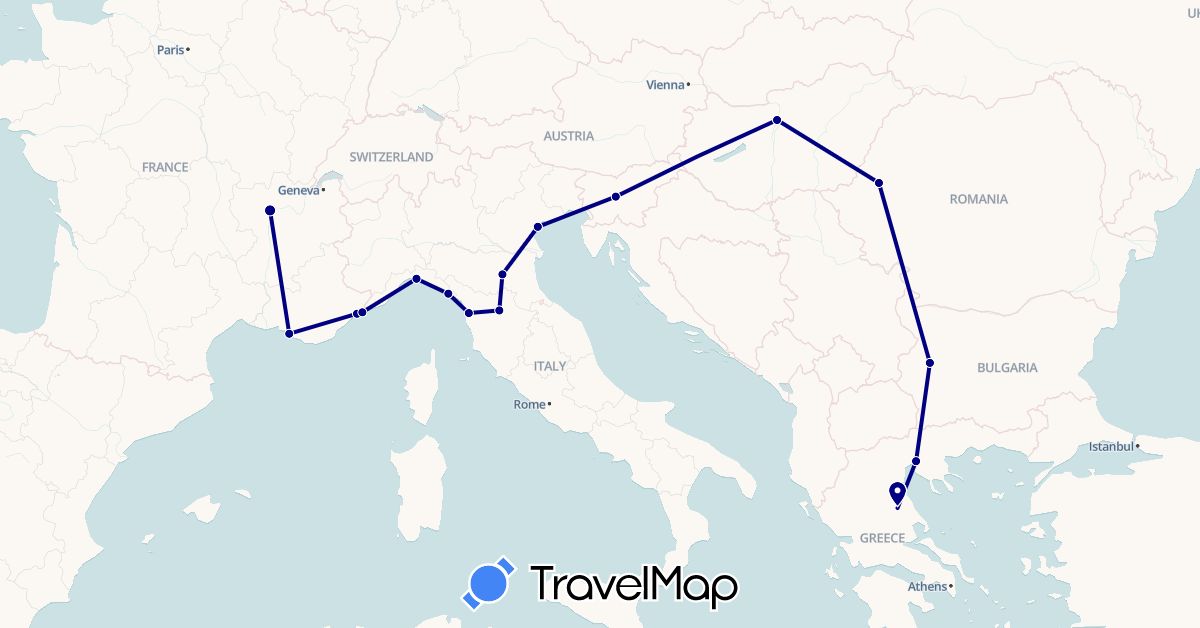 TravelMap itinerary: driving in Bulgaria, France, Greece, Hungary, Italy, Monaco, Romania, Slovenia (Europe)